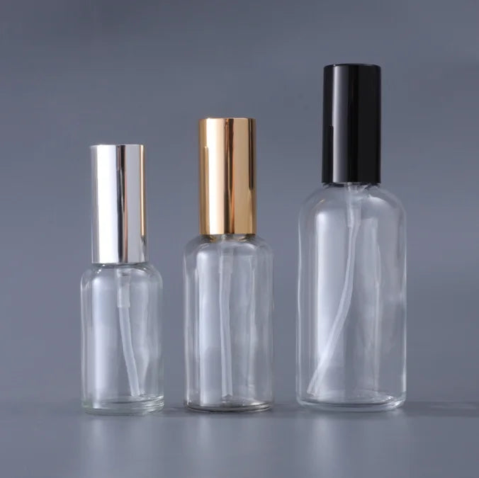 Facial Care Empty Cosmetic Packaging 10ml 20ml 30ml 50ml Gold Silver Top Transparent Essential Oil Glass Spray Bottles