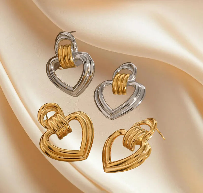 Elegant Minimalist Geometric Knocker Fashion Earrings 18k Gold Stainless Steel Ribbed Heart Pearl Gold Heart-shaped Earrings