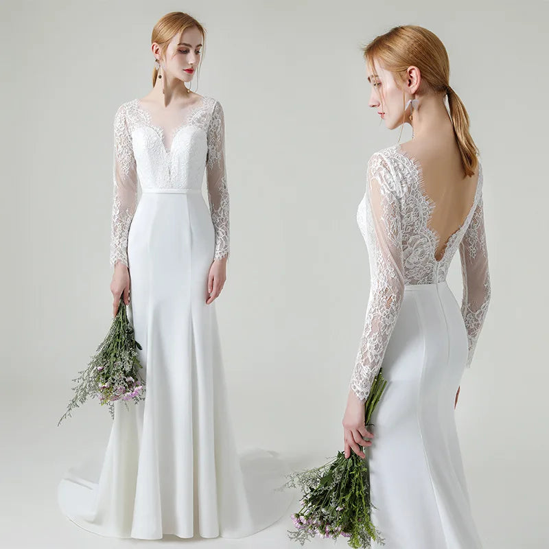 Custom V-Neck Lace Long Sleeves O-neck Mermaid Trumpet Bride Gown Sweep Train Wedding Dresses