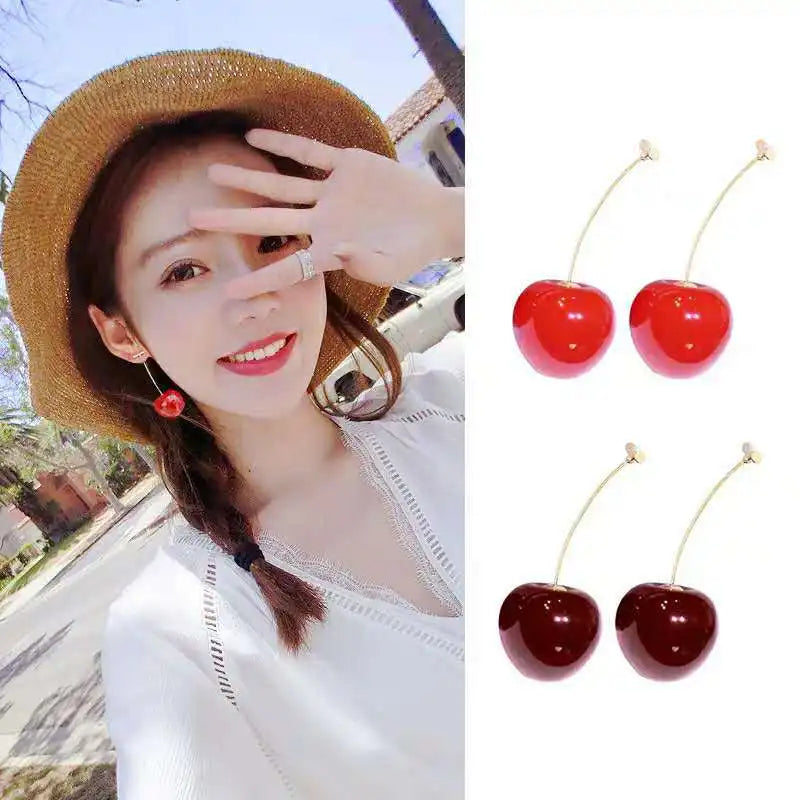 Hot Sale Fashion Red Diamond Pendant Earrings Simple Korean Earrings Sweet Fruits Cherry Earrings for Women Girls