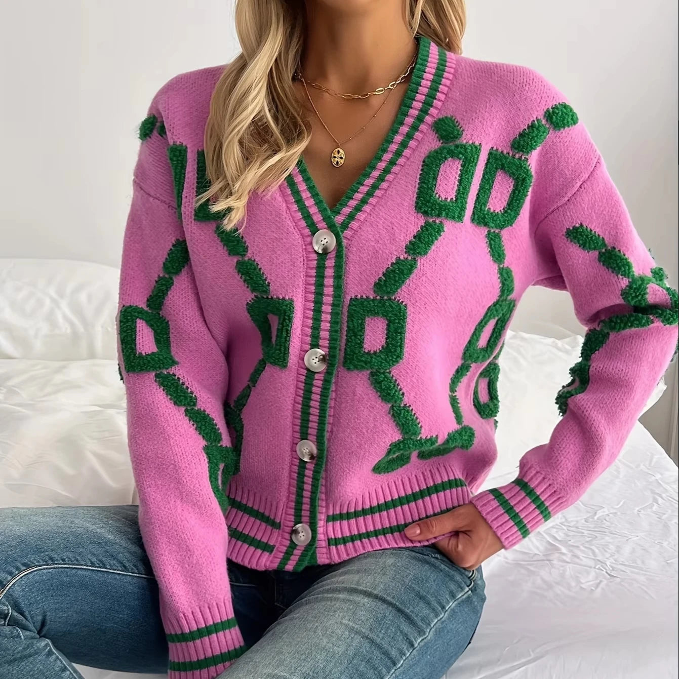 New Design Single Breasted Ladies Deep V Neck Button Cardigan Knitted Autumn New Arrival Women Sweater Coat
