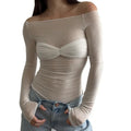 Mesh Sheer Off Shoulder Top Shirt for Women New Long Sleeve See Through Lace Knit Pullover Tops Summer Mesh Tee Shirt