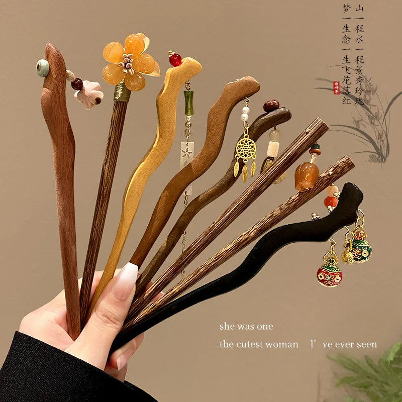 Ancient Style Wooden Hair Sticks Tassel Flower Pendant Hairpin Chinese Classical Hanfu Headdress Female