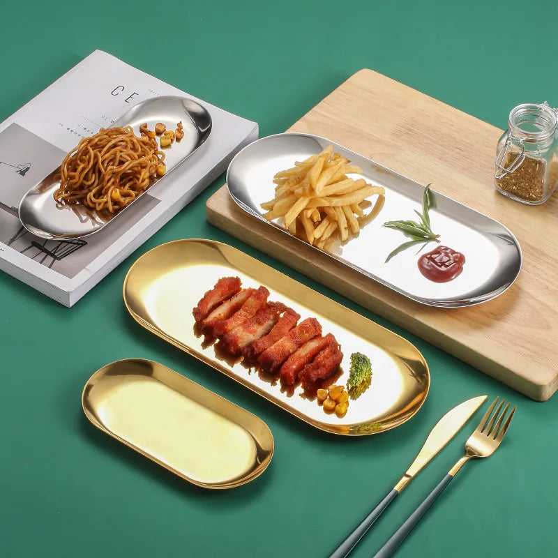 Metal Tray Stainless Steel Plate Oval Cake Fruit Dessert Dishes Western Steak Dish Rectangular Snack Plates Jewelry Storage Tray