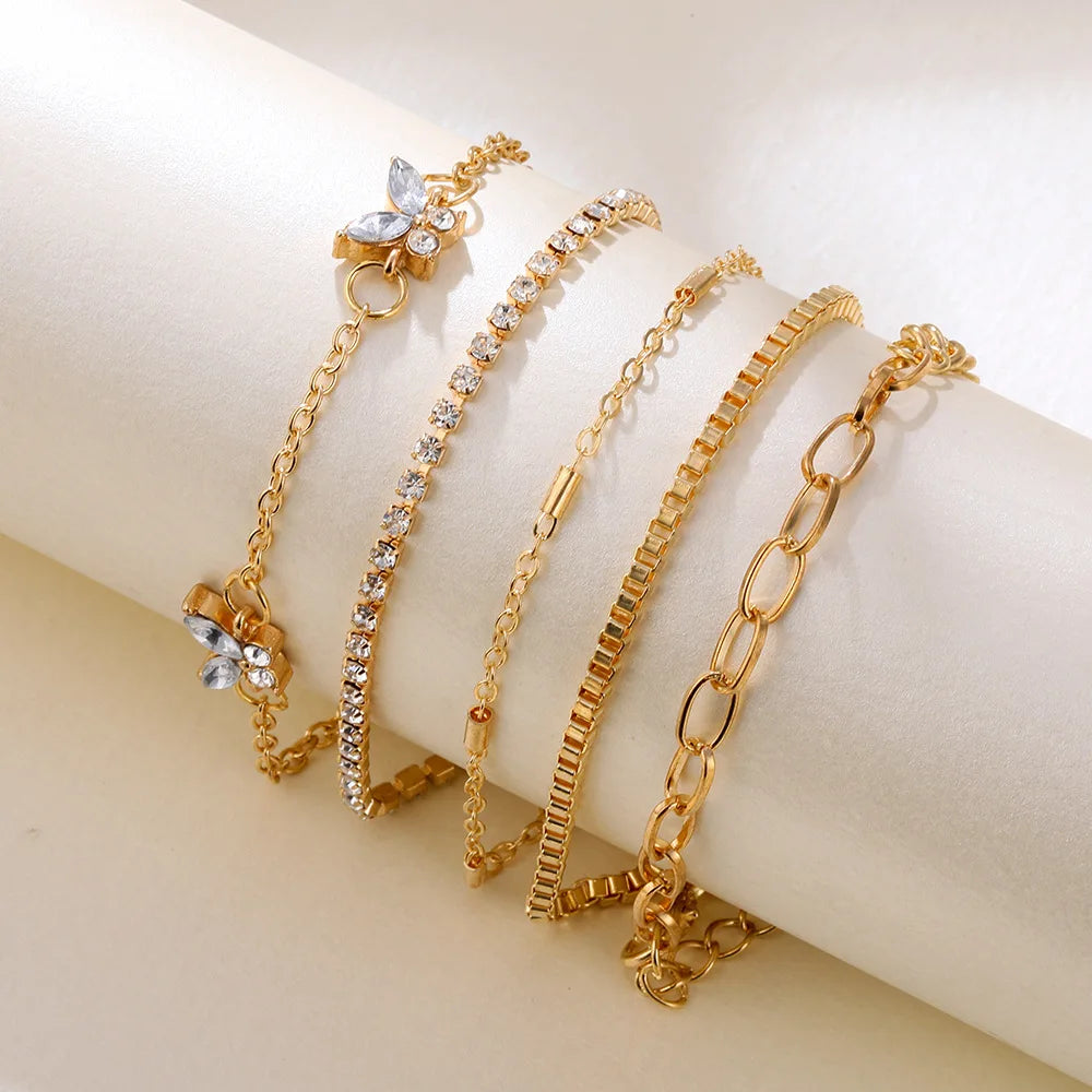 Trendy 5 Pcs/Set 14K Gold Plated Tennis Link Chain Bracelet Bling Crystal Butterfly Bracelet Set