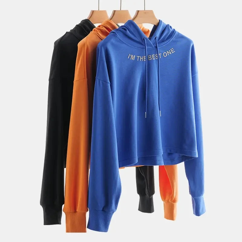 New Arrival Women's Black Long-Sleeved Hoodie Top Loose Casual Woven Crew Neck Fitness Style Front Heat Transfer Washed Spring