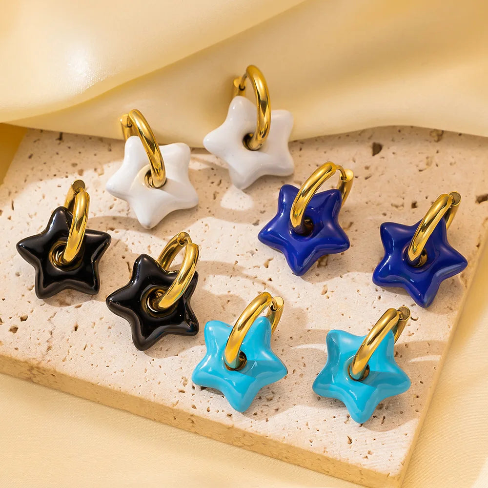 2025 Fashion Jewelry Gold Plated Star Huggie Earrings Stainless Steel Enamel Star Shape Hoop Earrings for Girl