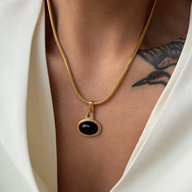 Dazan Autumn Winter New 18k Pvd Gold Silver Plated Stainless Steel Vintage Black Natural Stone Pendant Snake Bone Chain Necklace