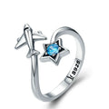 Silver Plated S925 Silver Crystal Star Aircraft Open Rings 925 Sterling Silver Blue Star Zircon Airplane Finger Rings