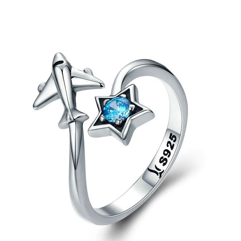 Silver Plated S925 Silver Crystal Star Aircraft Open Rings 925 Sterling Silver Blue Star Zircon Airplane Finger Rings