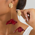 European American Retro Style New Year Accessories Exaggerated Red Petal Tassel Drop Earrings Alloy Spray Paint Flower Design