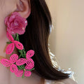 Kaimei Fashion Jewelry Flower Beaded Rice Beads Tassel Earrings Exaggerate Fashion Long Red Beaded Bohemian Earrings Wholesale