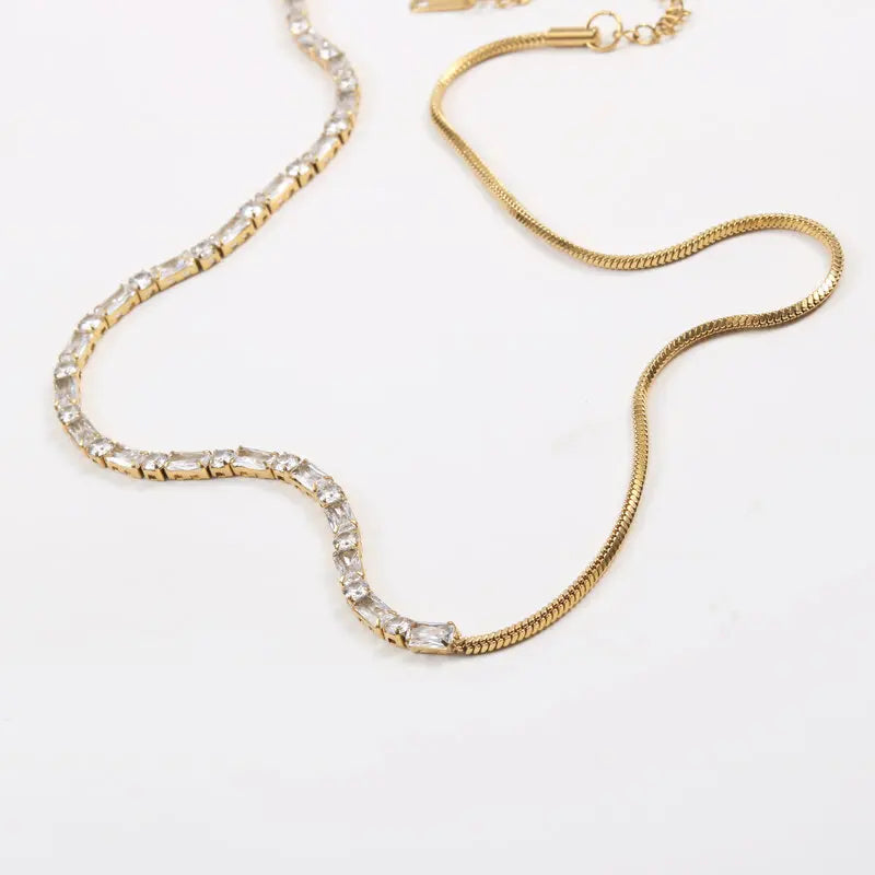Luxury Gold Plated Shiny Half Tennis Herringbone Chain Necklace for Women