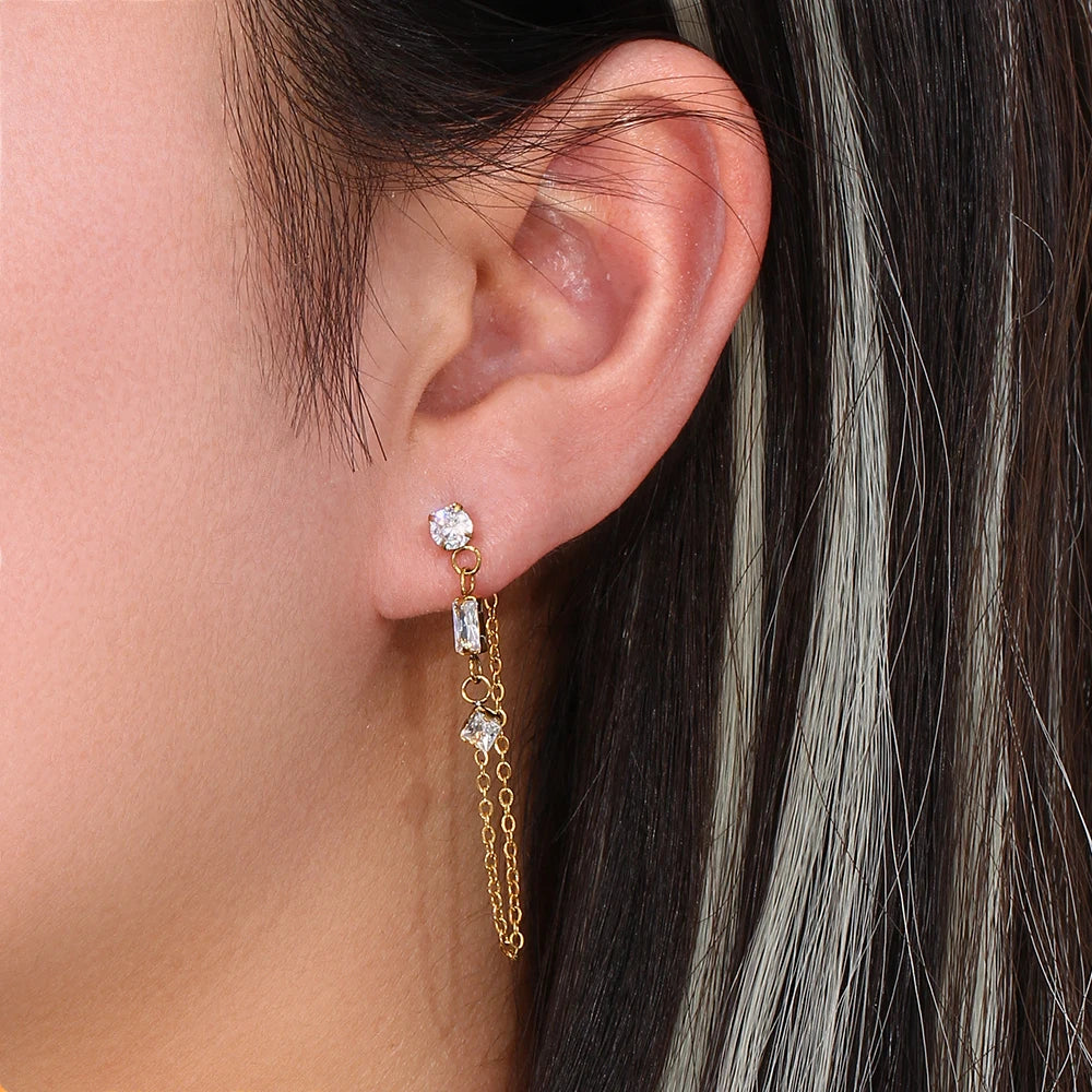18K Gold Plated Stainless Steel CZ Tassel Chain Earrings for Women Cubic Zircon Link Chain Wedding Jewelry Christmas Gift