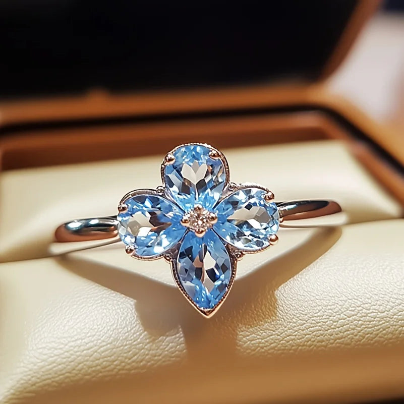 Sgarit 925 Silver Fine Jewelry Classic Style Ring with Pear & Marquise Cut 3*4mm & 3*5mm Sky Blue Topaz Gemstone
