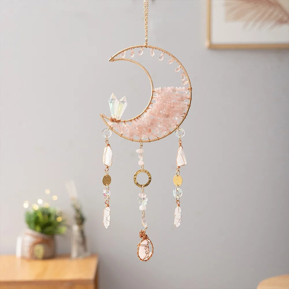 Sun Catcher Crystal Moon Pendant Ornament Decor Home Rose Quartz Suncatcher Hanging Window Decoration