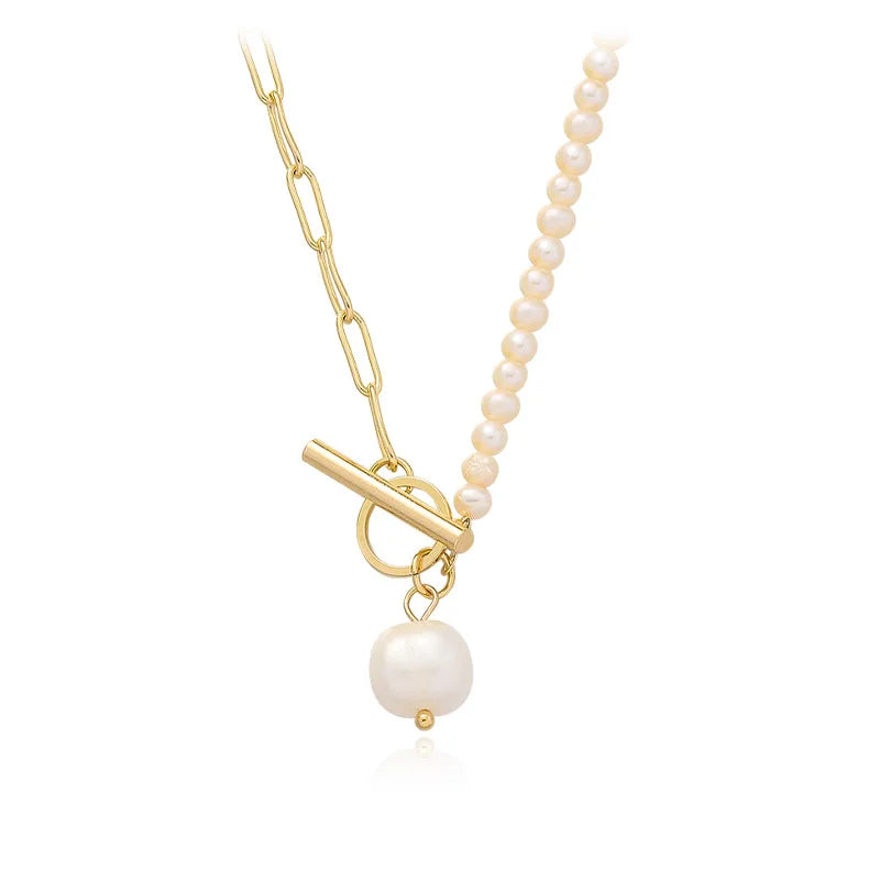 Haiyang 14K Gold-Plated Brass Freshwater Pearl Necklace Trendy Real Natural Beaded Link Chain Choker Irregular Style