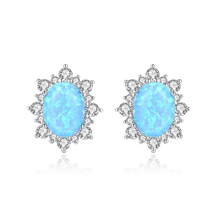 Fine Jewelry 925 Sterling Silver Natural Blue Oval Opal Stud Earrings for Women Gifts