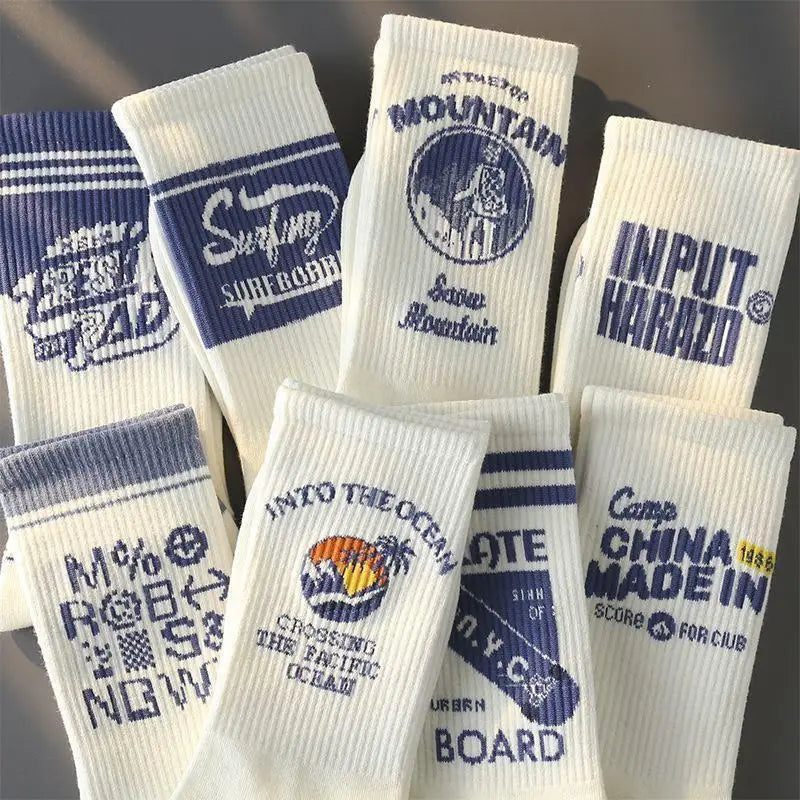 White Crew Sports Socks with Fashion Pattern Anti-Odor Student Basketball High Stockings Medium Hose Socks