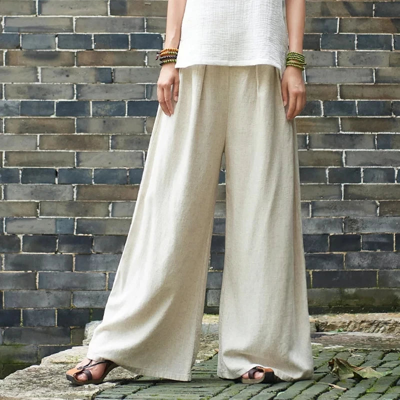 Women Wide Leg Pants Cotton Linen Trouser Japan Style Solid Color Pants Elastic Waist New Vintage Plus Size Solid Color Loose