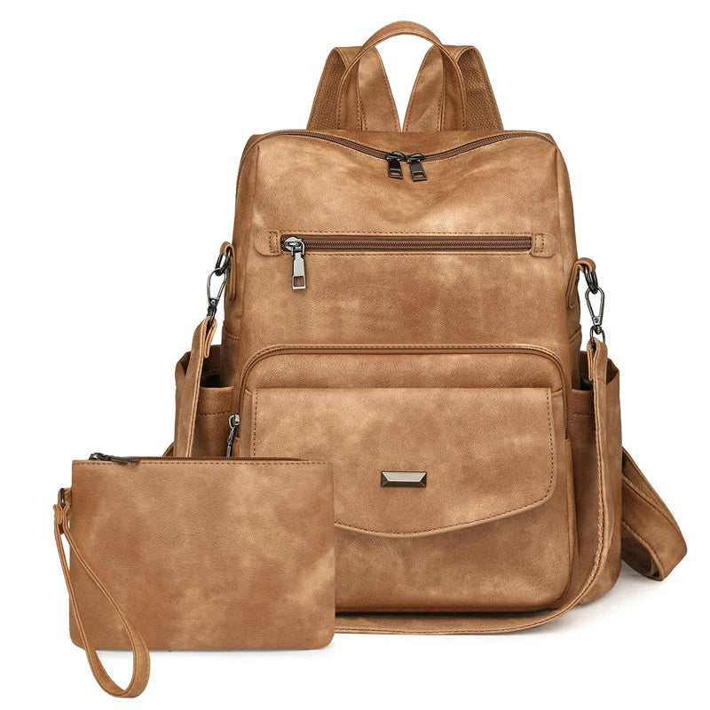 New Style High-End Women's Backpack Retro PU Leather Material Large Capacity Double Shoulder Bag Mother-Child Set Wholesale