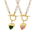 Aretas Romantic Jewelry Vintage Necklace Stainless Steel Freshwater Pearl Chain Emerald Pink Stone Heart Necklace Sets