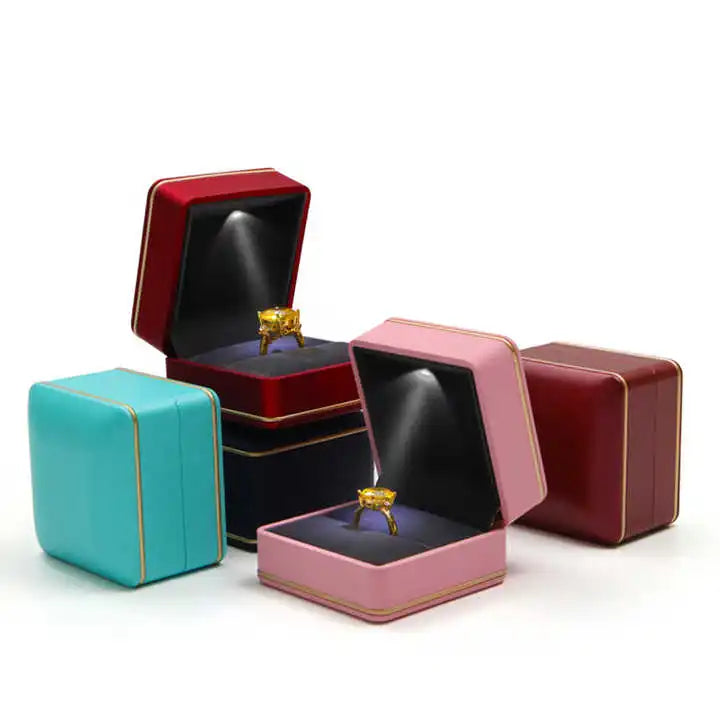 Luxury LED Jewelry Packaging Box with Custom Logo Silk Screen Printed Red Ring Rectangle Shape Lighted Storage Feature