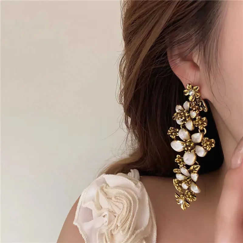 Luxury Multi-layer Flower Earrings Retro Drop Glaze Long Exaggerated Personality Light Luxury Earrings