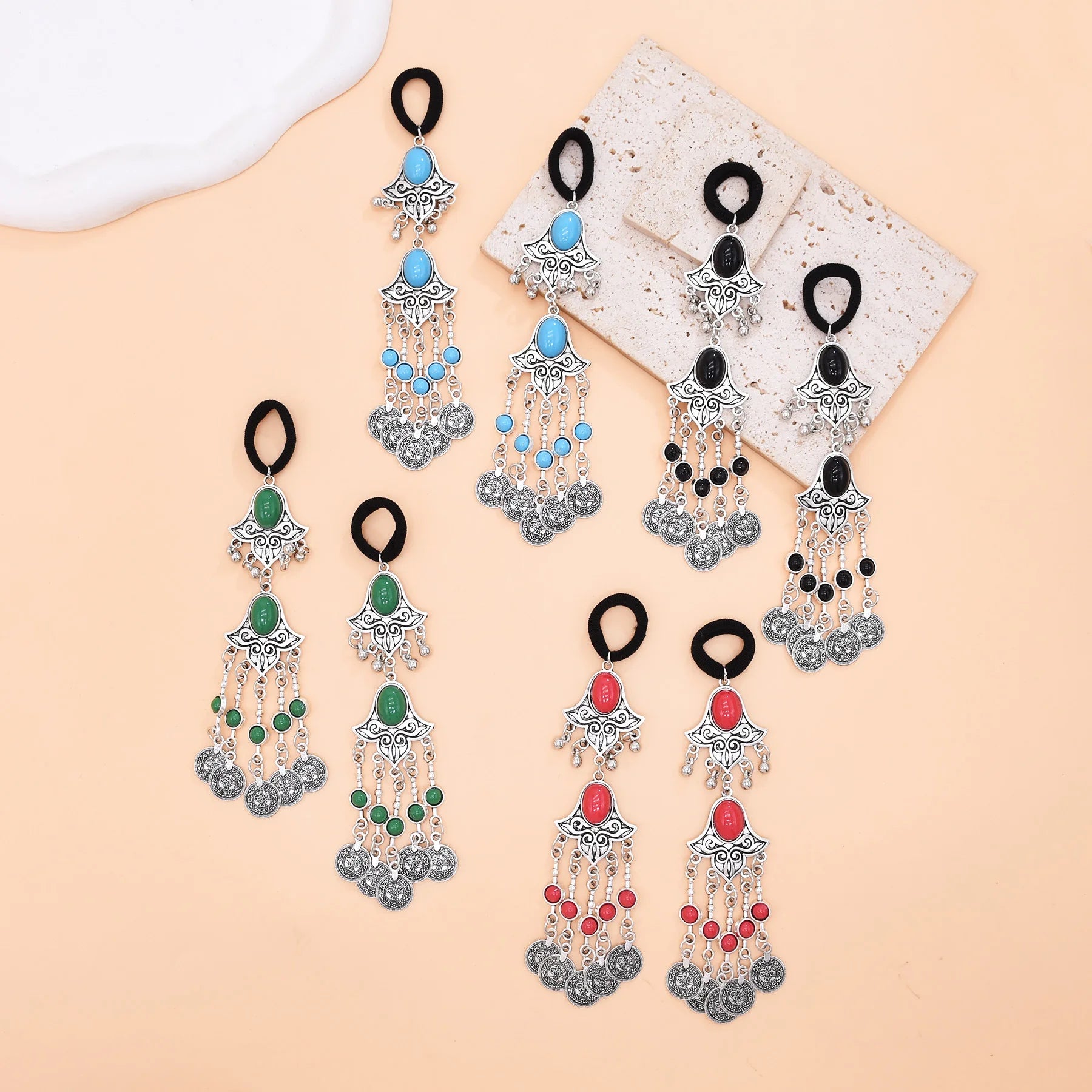 Vintage Boho Headpiece for Women Turkish Style Hair Loop Elastic Ethnic Drop Coin Tassel Chains Alloy Pair Retro Hair Jewelry