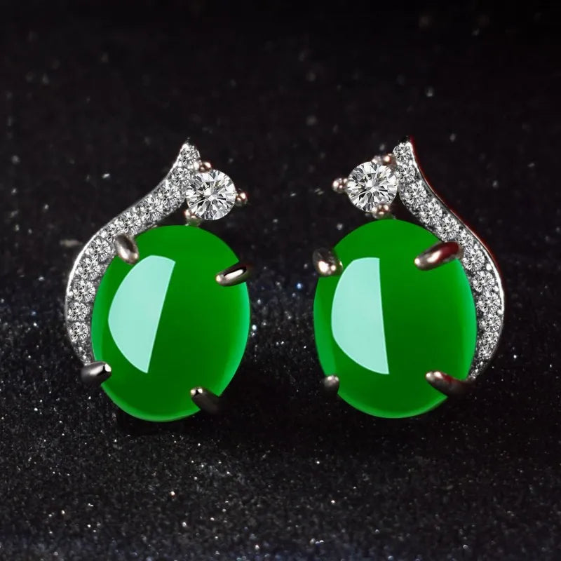 High Quality Natural Stone Emerald Jade Earrings 925 Sterling Silver Green Agate Gemstone Earrings