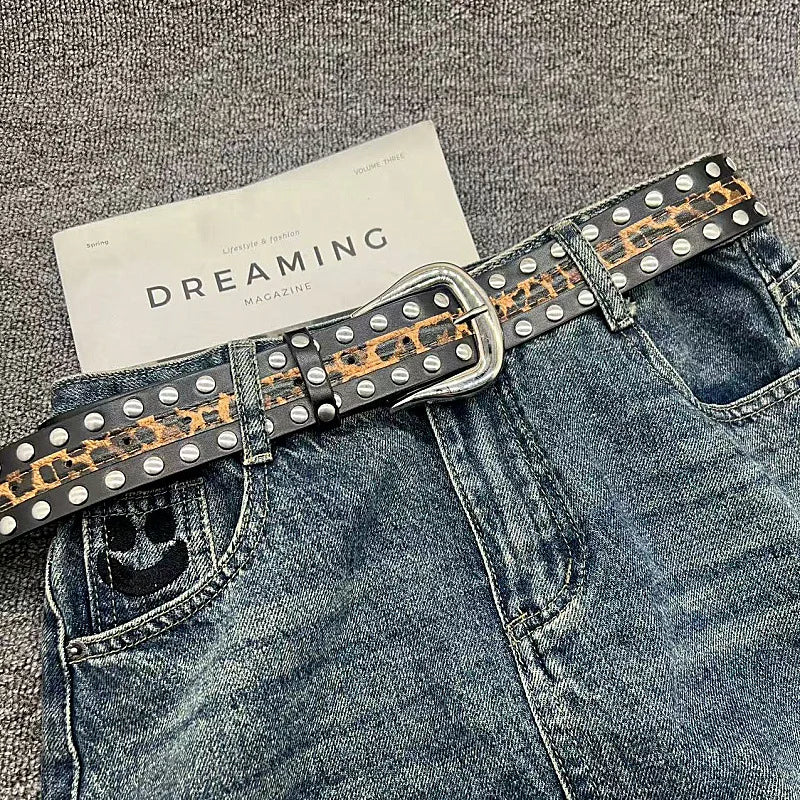 American Retro Y2K Women's Belt with New Leopard Print and Alloy Buckle Punk Style Leather for All-Match Jeans Decoration