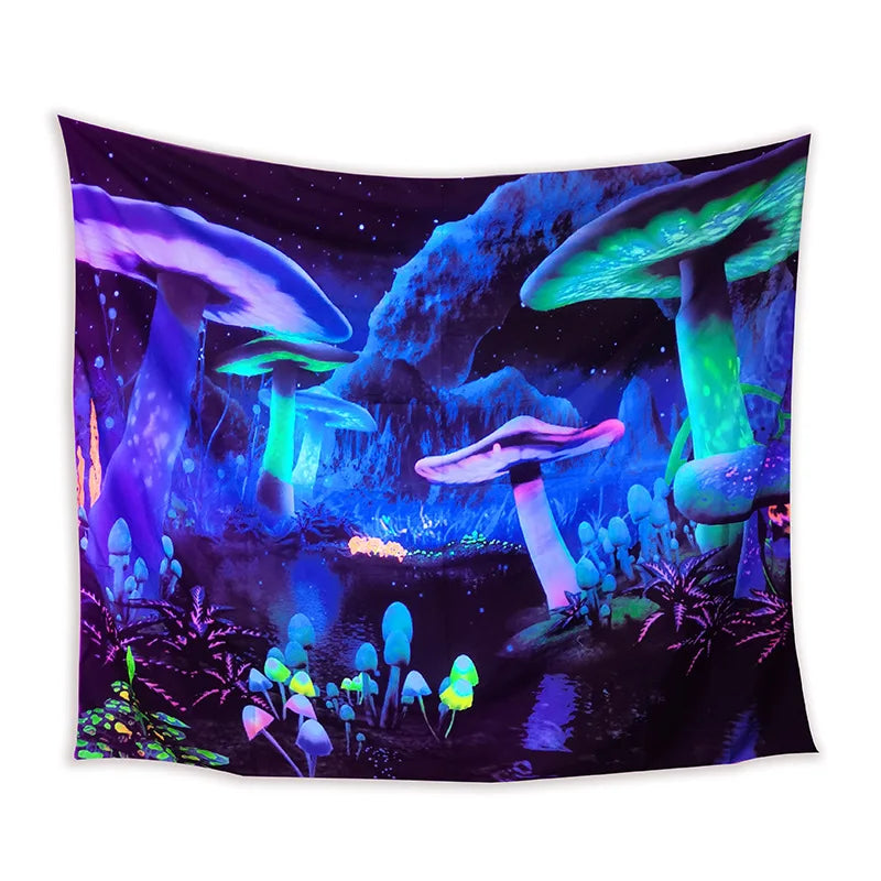 Trippy Psychedelic Printed Polyester Aubusson Tapestry Blacklight Forest Mushroom Cartoon Galaxy Wall Decor Bedroom Living Room