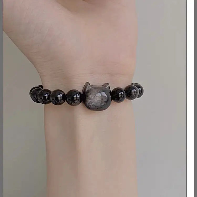 2023 Natural Obsidian Bracelets Cute Charm Kitty Bracelets Natural Stone Beads Couple Bracelets