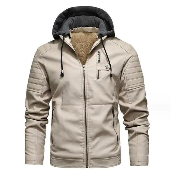 Winter Bomber Black Zipper Motorcycle Leather Jackets Long Sleeves Men Thick Fleece Jacket Coat With Hooded