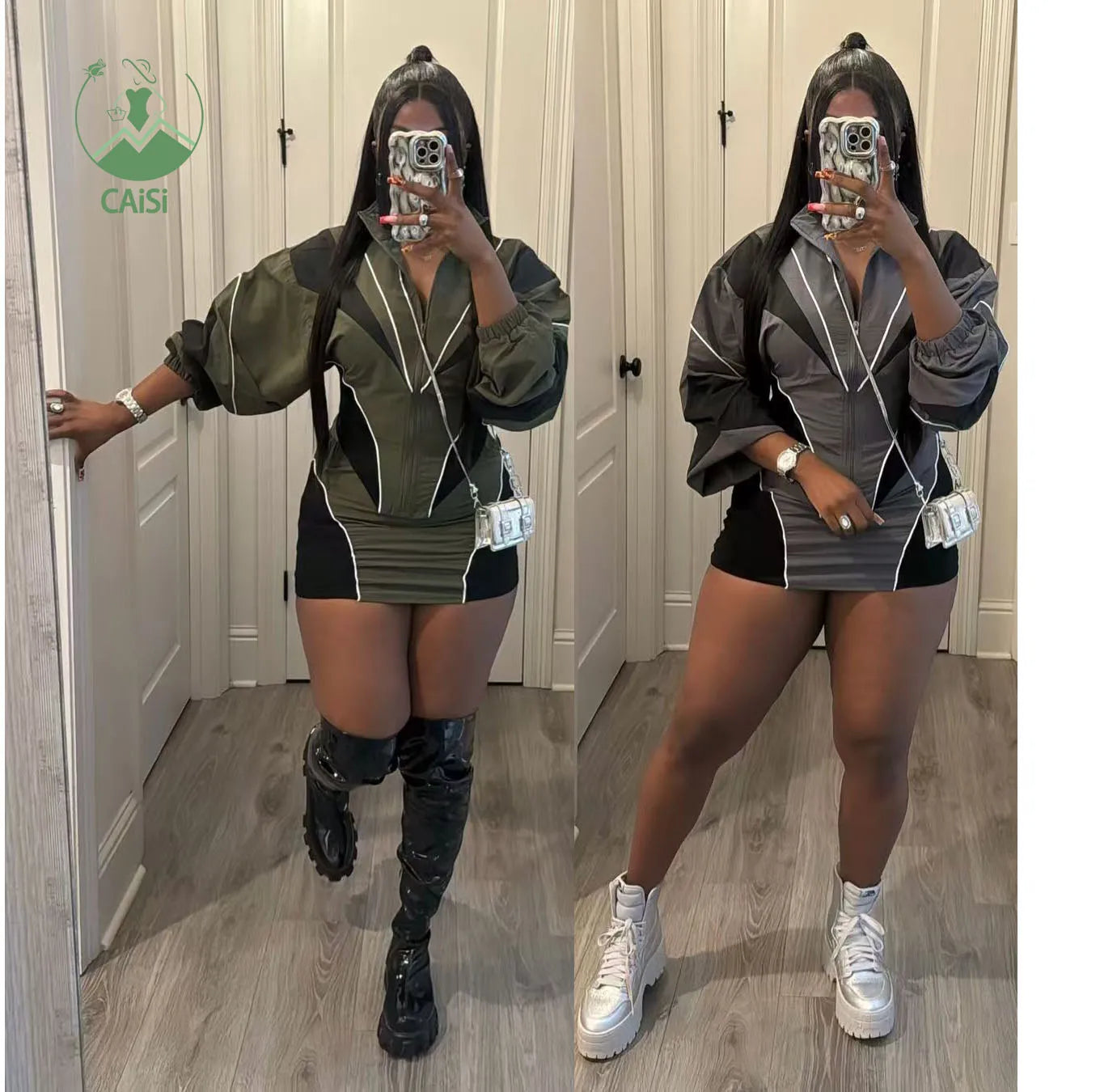 New Fall Winter Two Piece Skirt Set Color Block Printed Zipper Jacket and Short Skirt Set Trendy Women's Sets