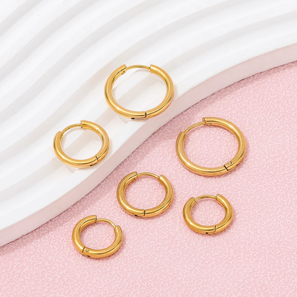 Trendy Earring 18K Gold Plated Simple Huggie Hoop Earrings Stainless Steel Jewelry Wholesale 2.5MM Thickness