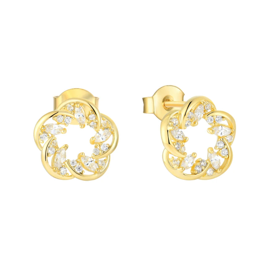 Yellow Plating Gold Sparkling Circle Stud Earrings Sterling Silver Marquise  CZ Vintage Non Tarnish Womens 925 Silver Earring