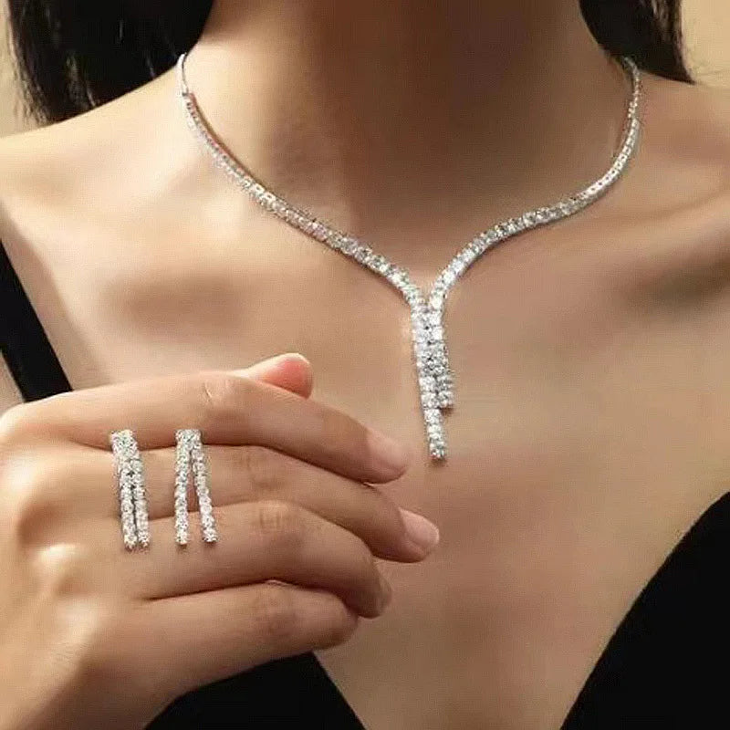 Bright Full Diamond Zircon Necklace Earring Set Bridal Accessories Temperament Simple Wedding Zinc Alloy Jewelry