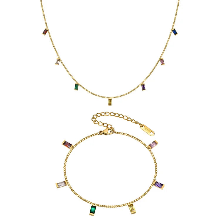 Delicate Jewelry Stainless Steel Women Necklace Bracelet Charms rainbow Zircon Jewelry Set