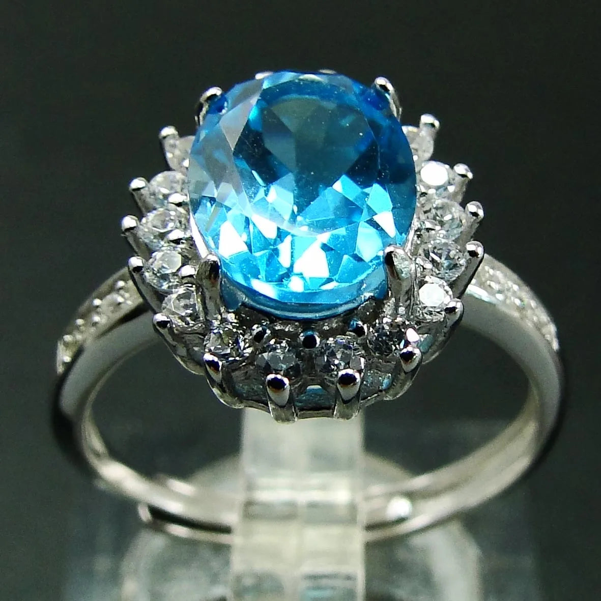 Oval Cut Sky Blue Zircon Topaz and Diamond Accent Frame Engagement Ring in 18K White Gold 925 Silver Jewelry