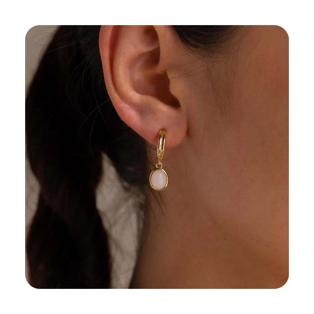 Elegant Boucles D'Oreilles Stainless Steel Waterproof Non Tarnish Jewelry Oval Gemstone White Jade Drop Hoop Earrings for Women