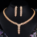 Elegant Leaf Shape Dangle Drop Party Earrings and Necklace African Nigerian CZ Gold Plated Wedding Jewelry Set for Brides