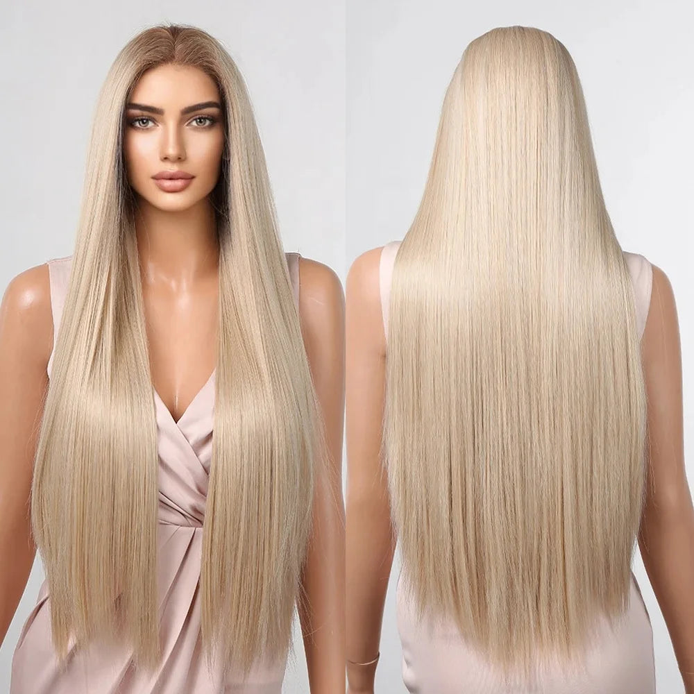 Future Fibers Long Silky Straight Synthetic Lace Wig with Baby Hair Blonde Light Brown T Part Lace Wig for Women Heat Resistant