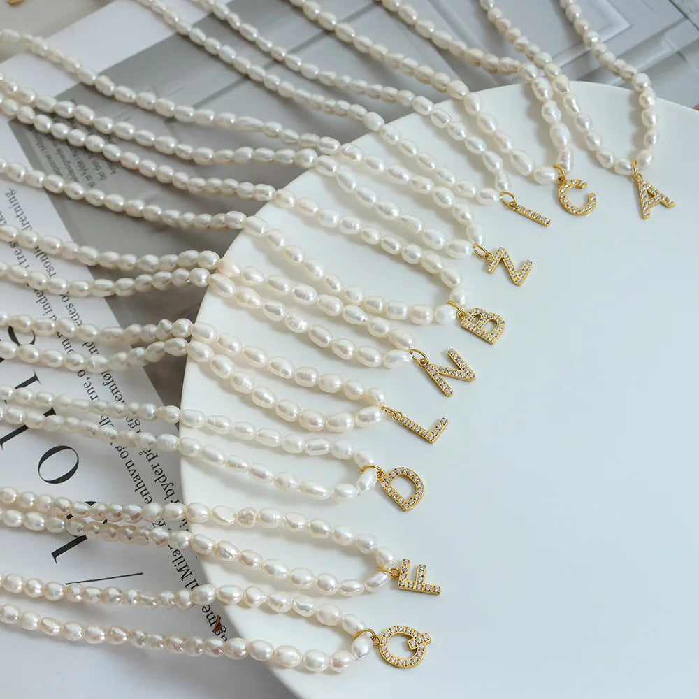 Korean Fashion Fine Jewelry Freshwater Pearl Initial Letter Charm Necklaces for Women Titanium Steel Zircon & Beads Chain