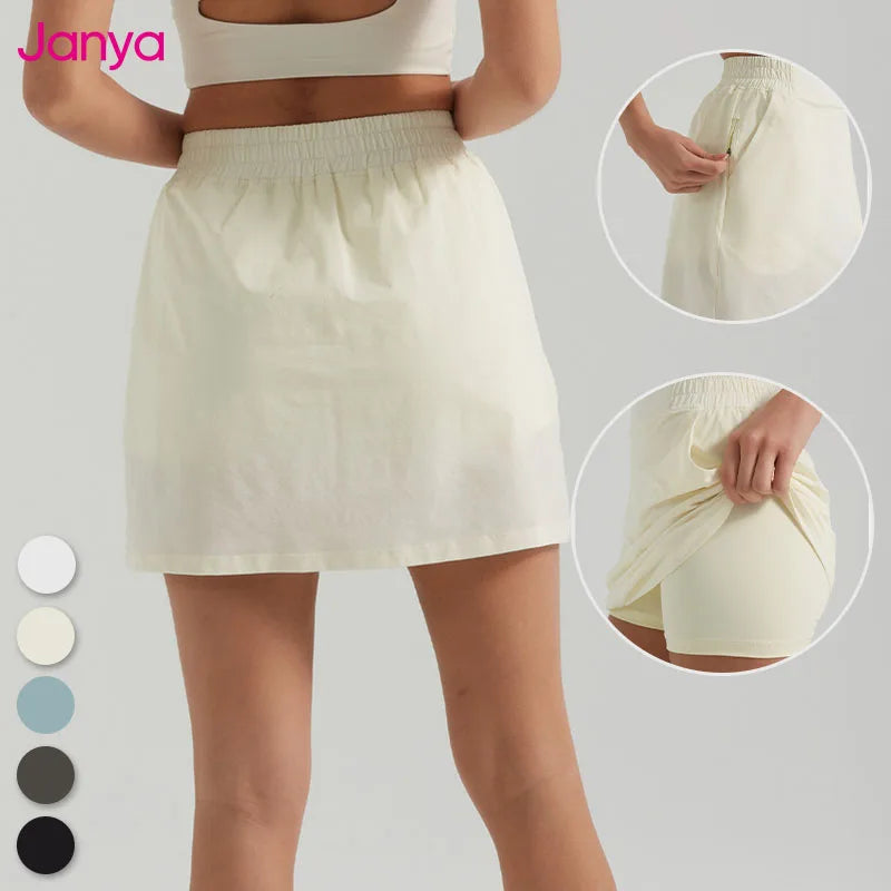 Janya New Arrival Female Fitness Exercise Wear Fake-two Outdoor Gym Skirt Loose High Waist Two in One Hidden Pocket Tennis Skirt
