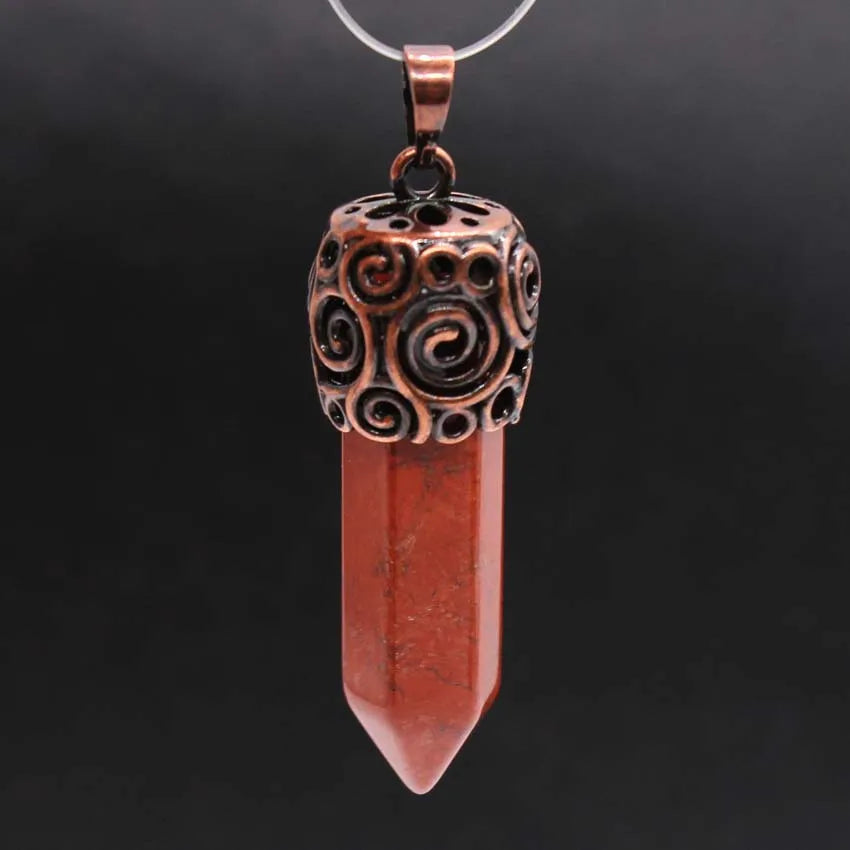 HZ Leaf Hexagon Column Crystal Red jasper Pillar Gemstone Healing Point Pendant Couple Necklaces Women Jewelry