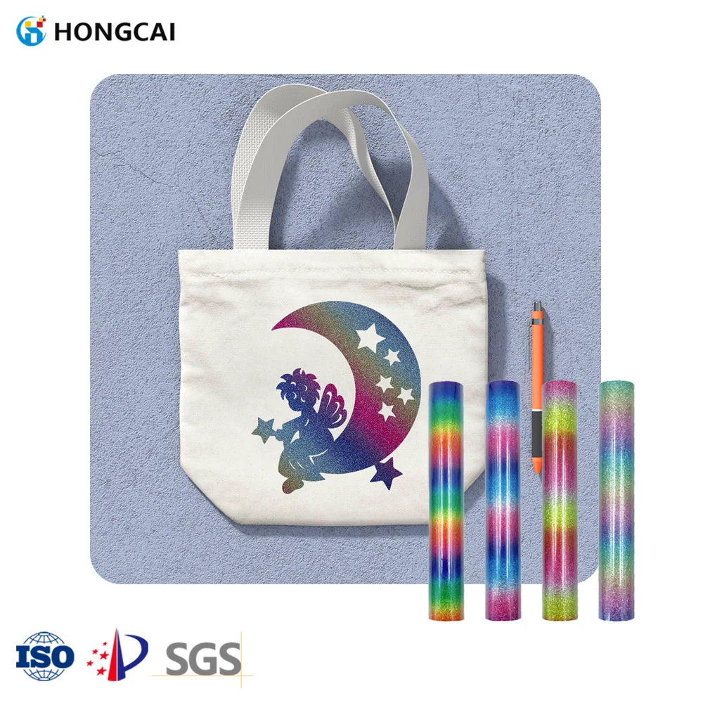 Hongcai Glitter Heat Transfer Vinyl Roll Custom Vinyl Heat Transfer Film Iron on Print Transfer logo for T-shirt