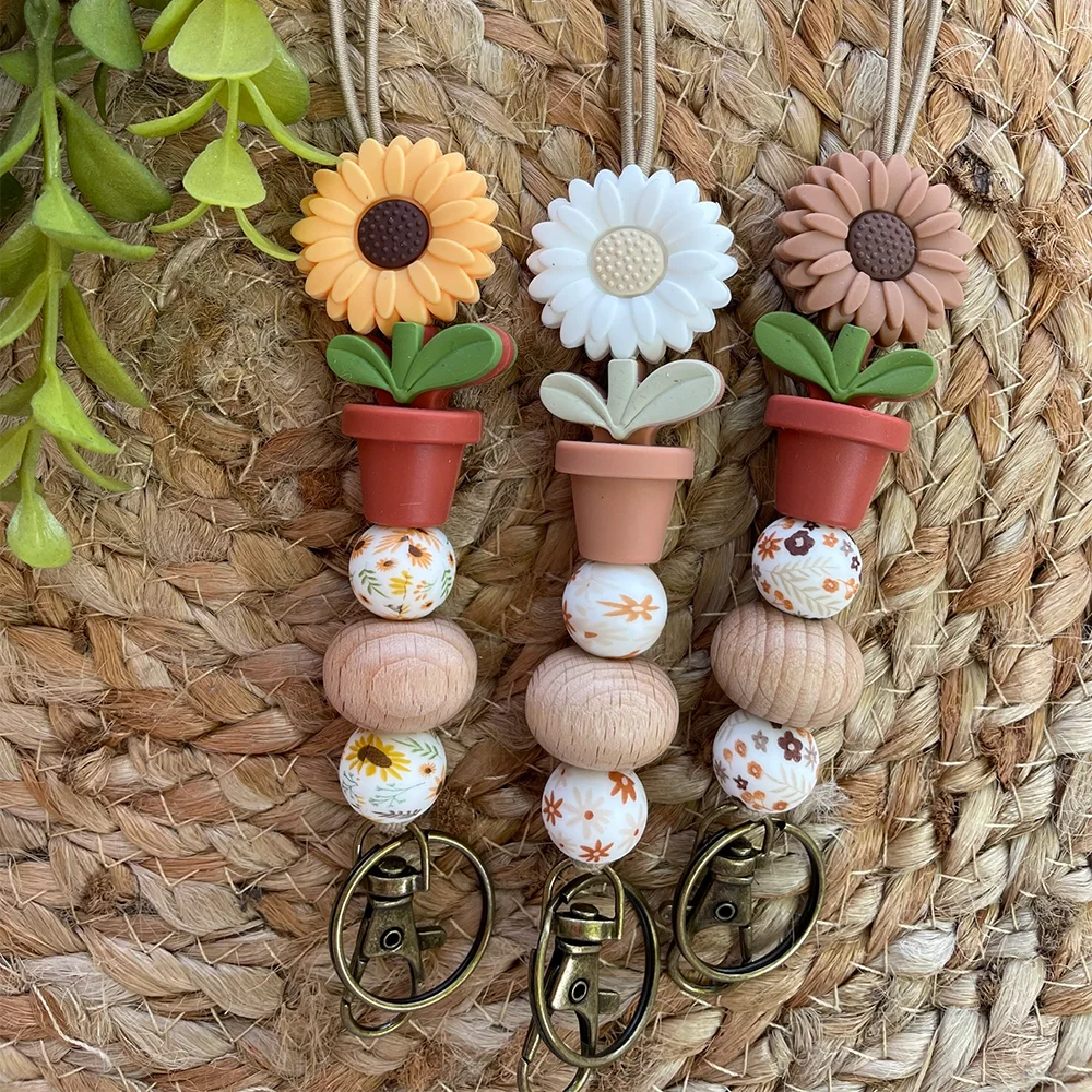 Hot Sale Boho Flower Pot Daisy Sunflower Lanyard Silicone Bead Teacher Keychain