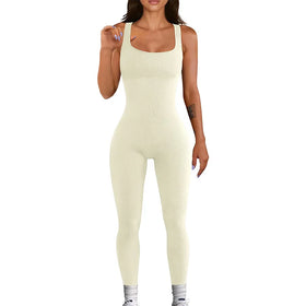 Aoyema 2023 Square Neck One Piece Yoga Ribbed Tank Tops Rompers Sleeveless Full Length Sport Jumpsuits Women