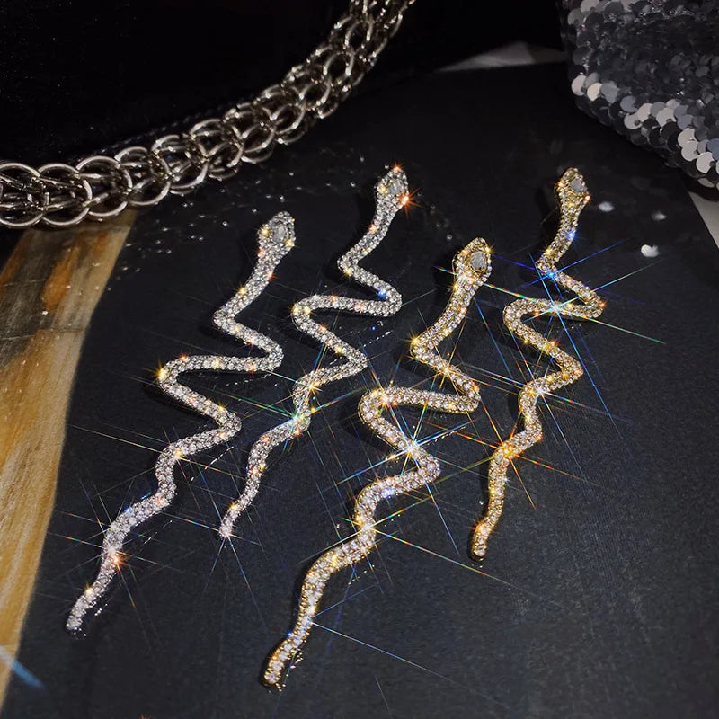 Long Tassel Crystal Drop Earrings for Women Shiny Snake Shape Rhinestone Dangle Earring Weddings Fashion Jewelry Gifts